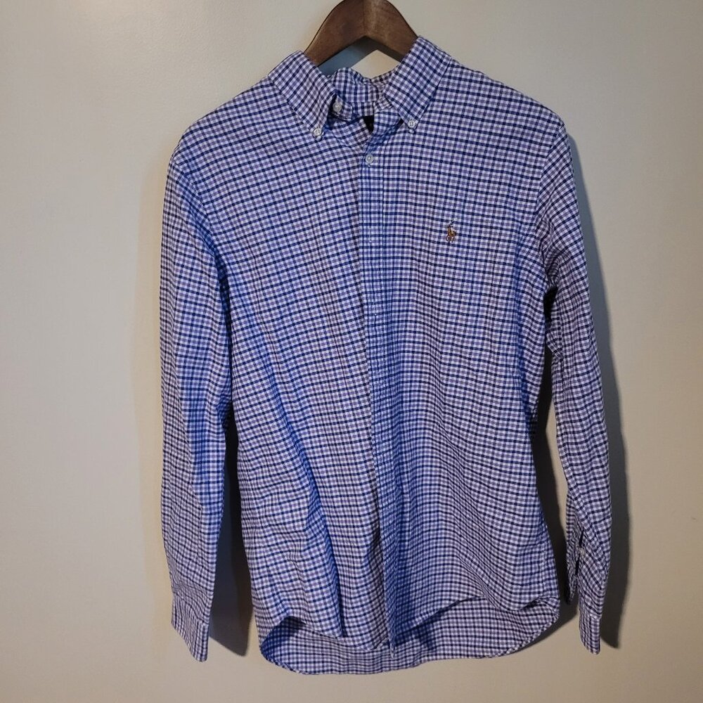 Ralph Lauren Men's Casual Purple and Blue Checked Button Up SZ L